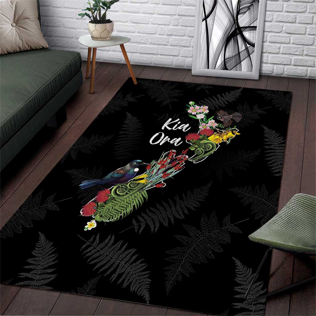 Kia Ora New Zealand Floral Area Rug Black - Polynesian Pride
