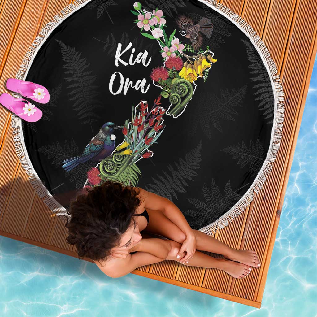 Kia Ora New Zealand Floral Beach Blanket Black - Polynesian Pride