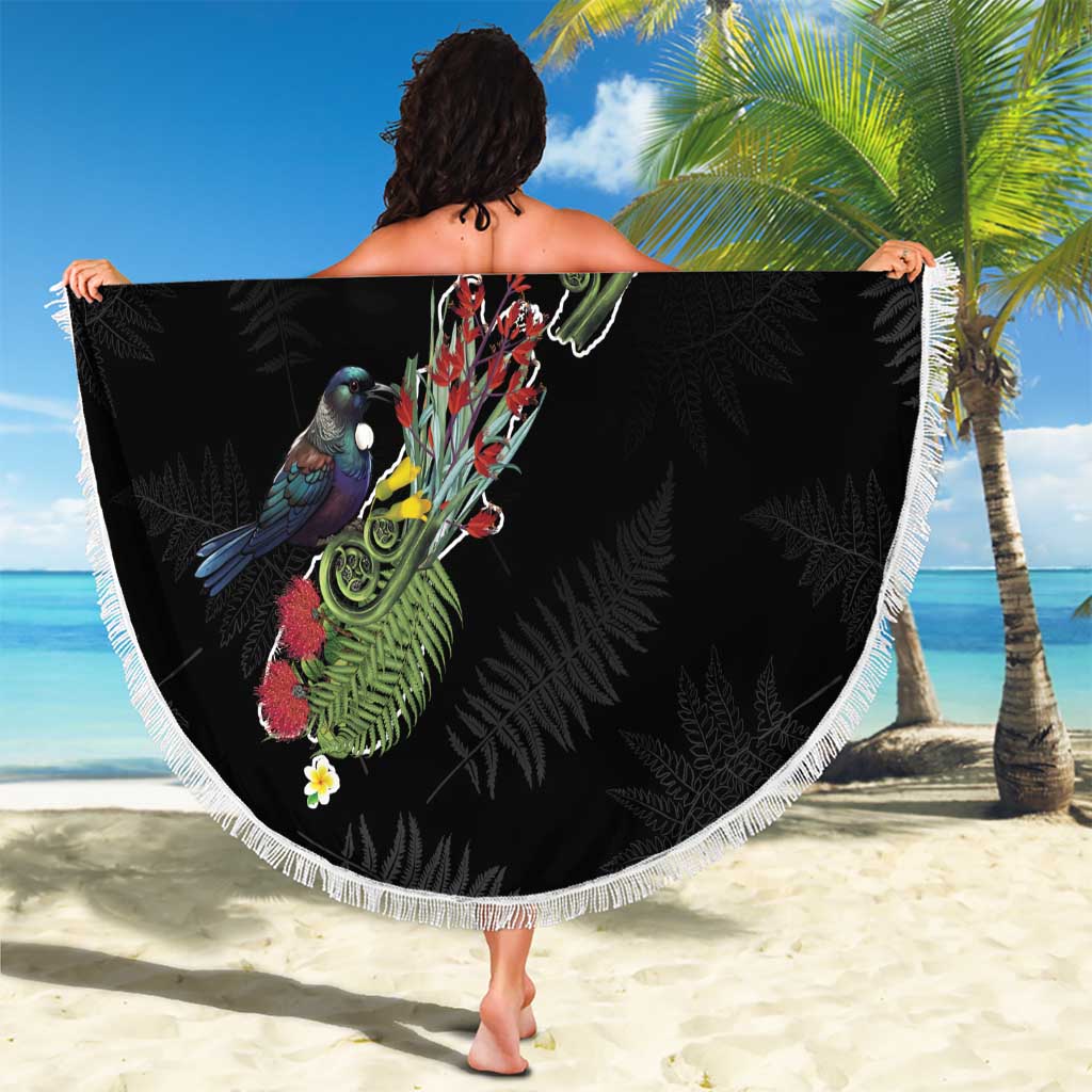 Kia Ora New Zealand Floral Beach Blanket Black - Polynesian Pride