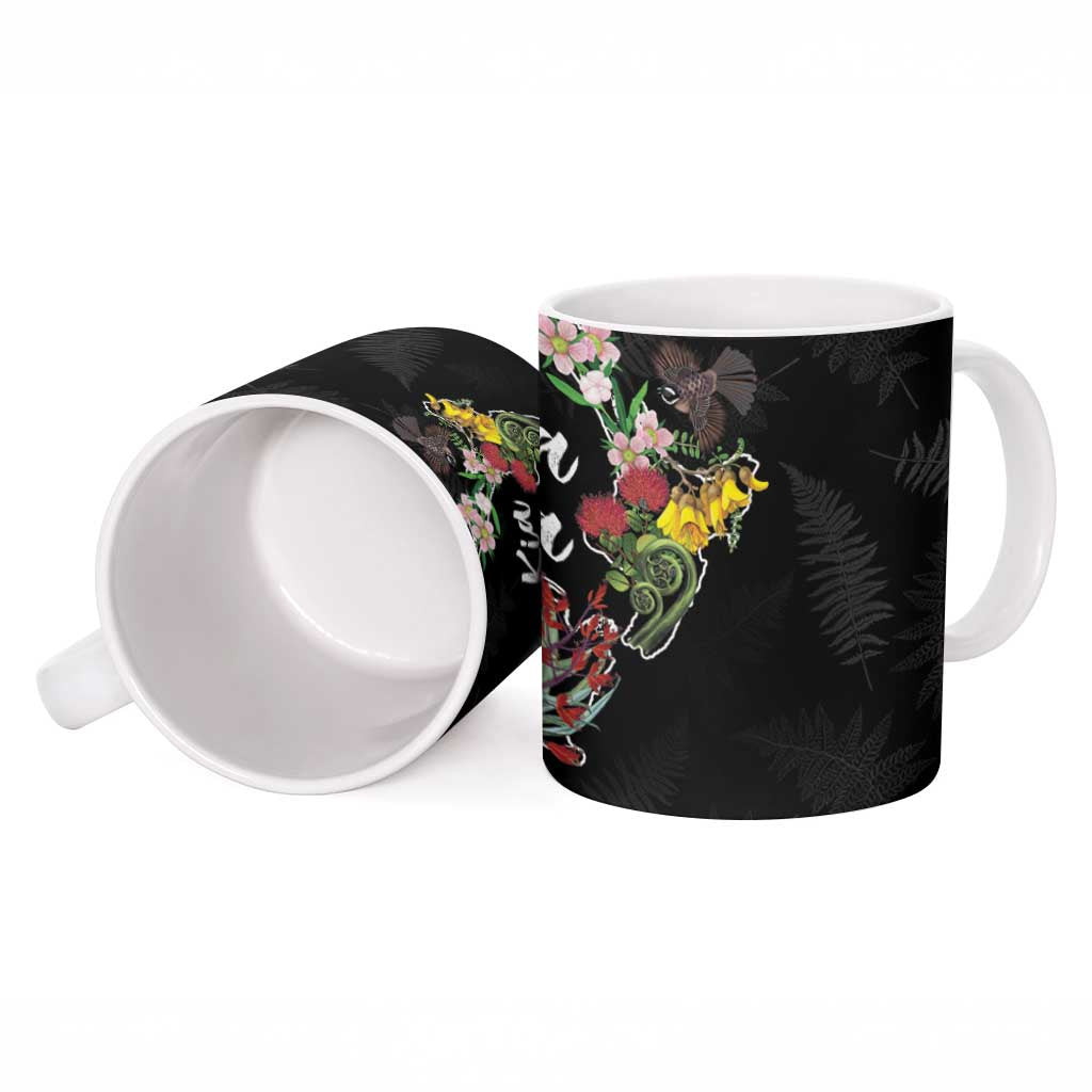 Kia Ora New Zealand Floral Ceramic Mug Black - Polynesian Pride