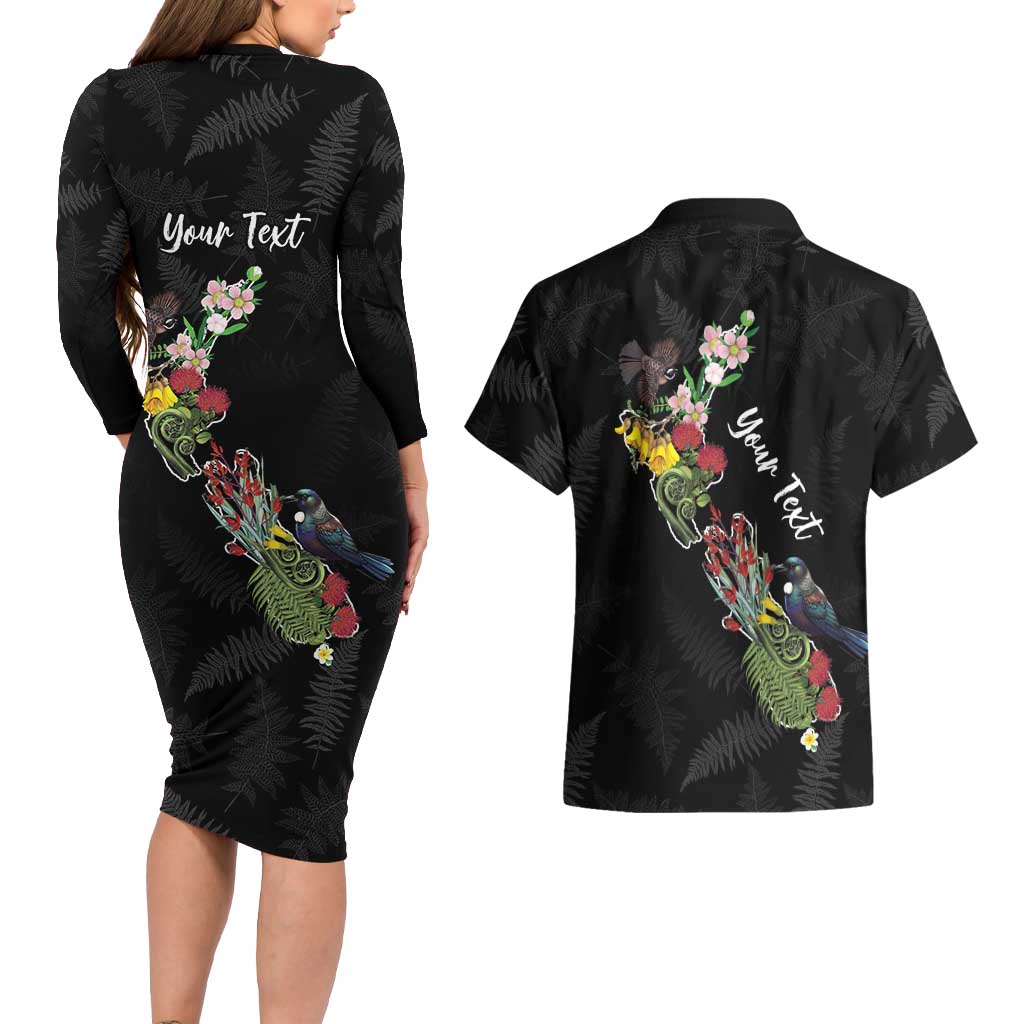 Kia Ora New Zealand Floral Personalized Couples Matching Long Sleeve Bodycon Dress and Hawaiian Shirt Black LT7 - Polynesian Pride