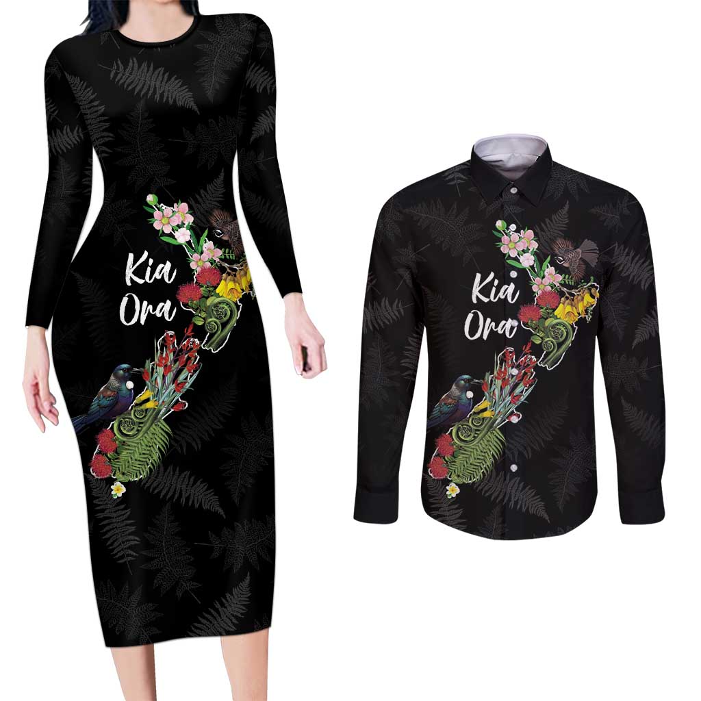 Kia Ora New Zealand Floral Personalized Couples Matching Long Sleeve Bodycon Dress and Long Sleeve Button Shirt Black - Polynesian Pride