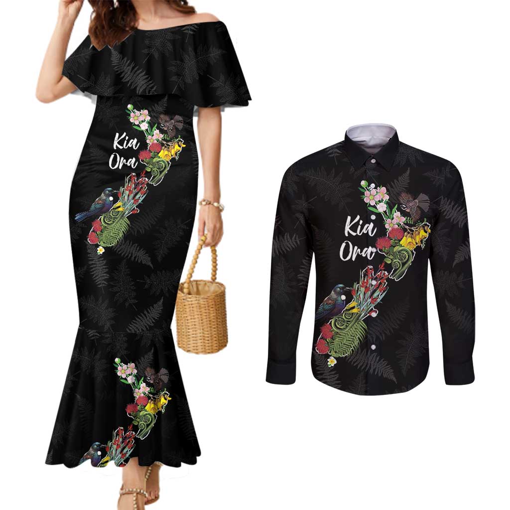 Kia Ora New Zealand Floral Personalized Couples Matching Mermaid Dress and Long Sleeve Button Shirt Black - Polynesian Pride