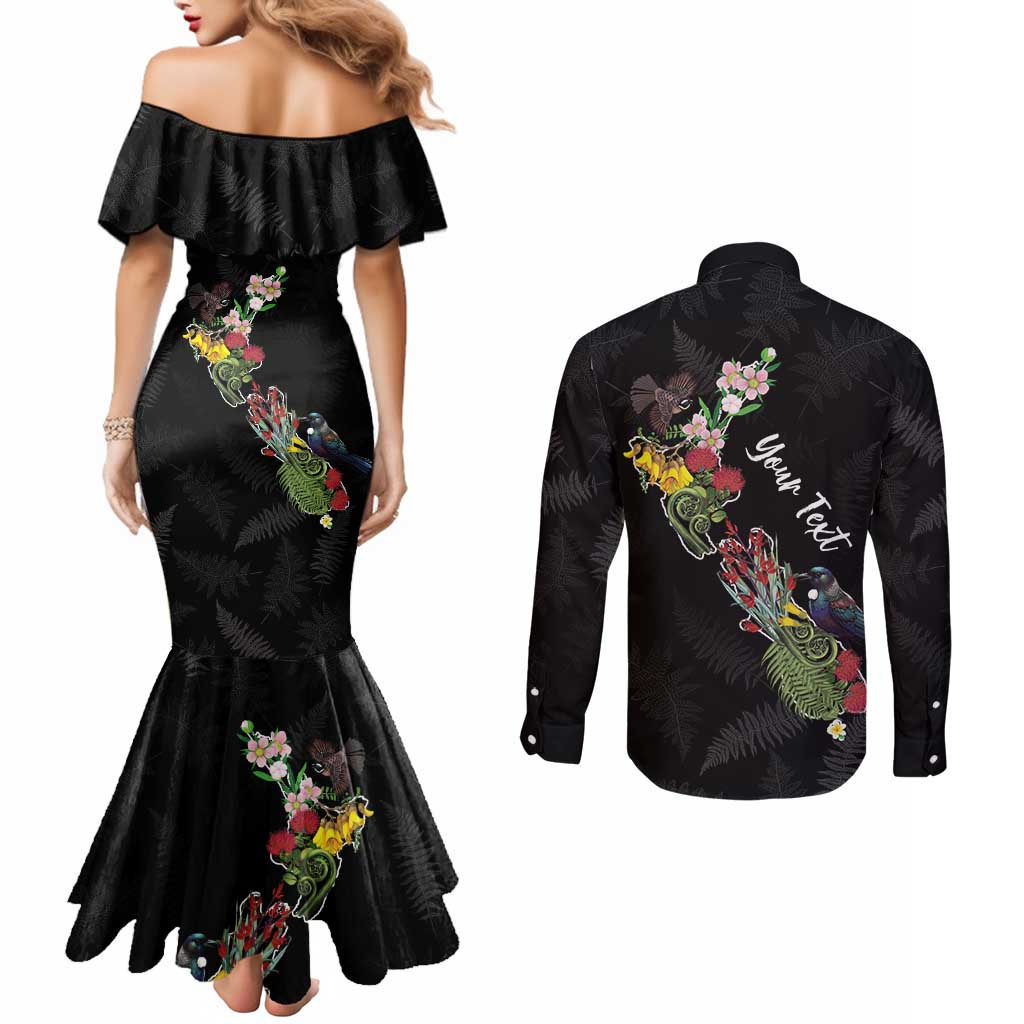 Kia Ora New Zealand Floral Personalized Couples Matching Mermaid Dress and Long Sleeve Button Shirt Black - Polynesian Pride