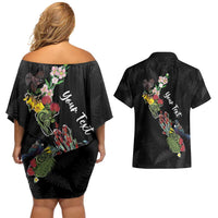 Kia Ora New Zealand Floral Personalized Couples Matching Off Shoulder Short Dress and Hawaiian Shirt Black - Polynesian Pride