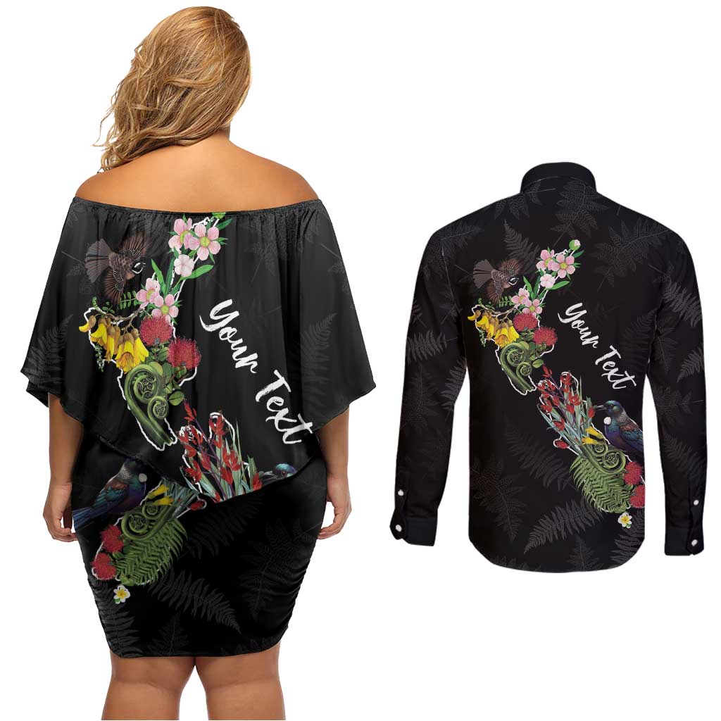 Kia Ora New Zealand Floral Personalized Couples Matching Off Shoulder Short Dress and Long Sleeve Button Shirt Black - Polynesian Pride