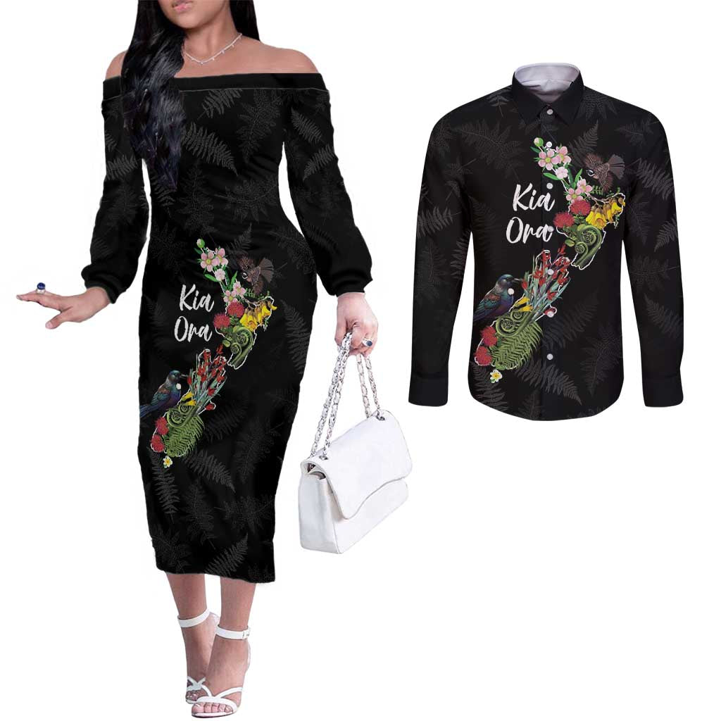 Kia Ora New Zealand Floral Personalized Couples Matching Off The Shoulder Long Sleeve Dress and Long Sleeve Button Shirt Black - Polynesian Pride