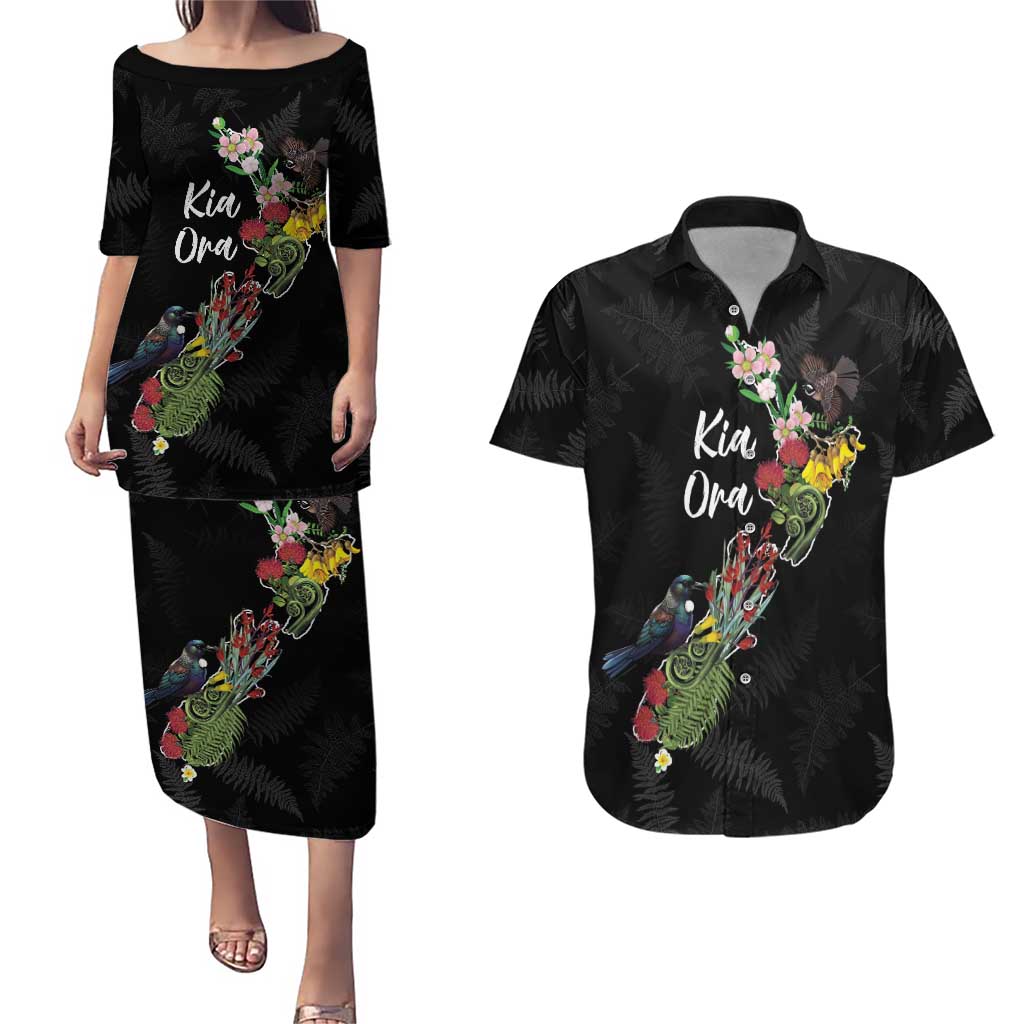Kia Ora New Zealand Floral Personalized Couples Matching Puletasi and Hawaiian Shirt Black - Polynesian Pride