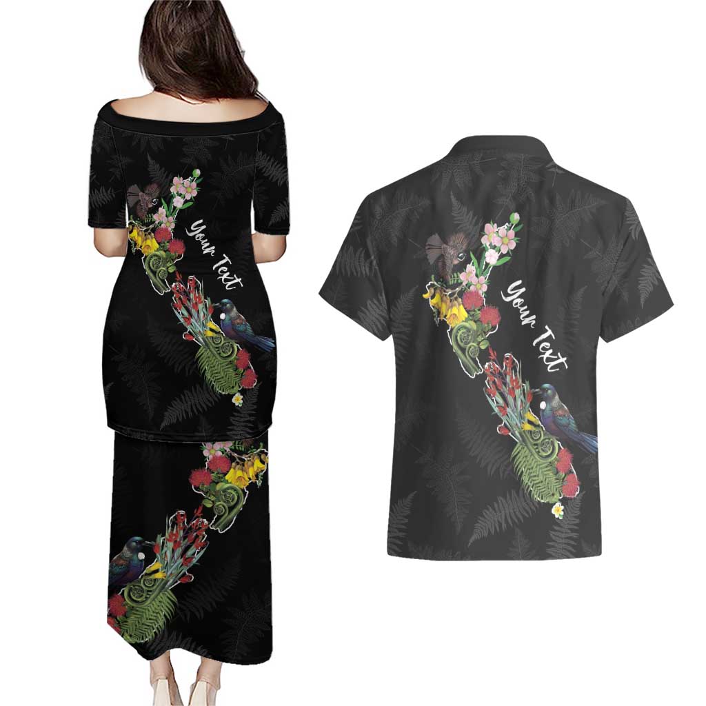 Kia Ora New Zealand Floral Personalized Couples Matching Puletasi and Hawaiian Shirt Black - Polynesian Pride