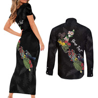 Kia Ora New Zealand Floral Personalized Couples Matching Short Sleeve Bodycon Dress and Long Sleeve Button Shirt Black - Polynesian Pride