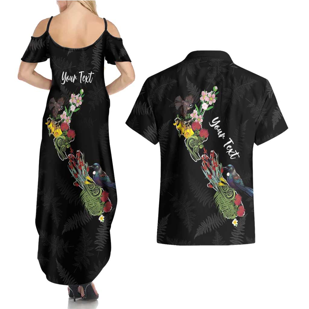 Kia Ora New Zealand Floral Personalized Couples Matching Summer Maxi Dress and Hawaiian Shirt Black LT7 - Polynesian Pride