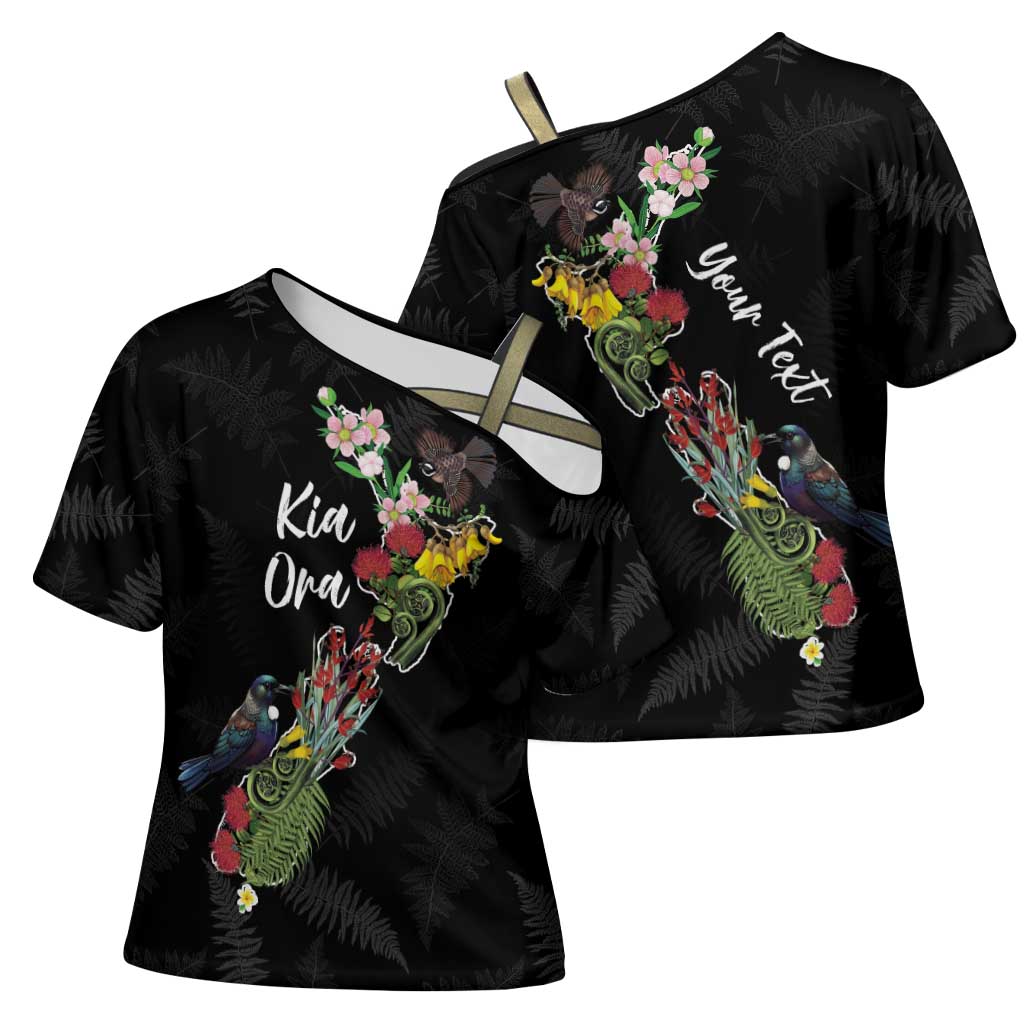 Kia Ora New Zealand Floral Personalized Cross Shoulder Shirt Black - Polynesian Pride