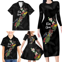Kia Ora New Zealand Floral Personalized Family Matching Long Sleeve Bodycon Dress and Hawaiian Shirt Black - Polynesian Pride