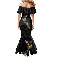 Kia Ora New Zealand Floral Personalized Family Matching Mermaid Dress and Hawaiian Shirt Black - Polynesian Pride
