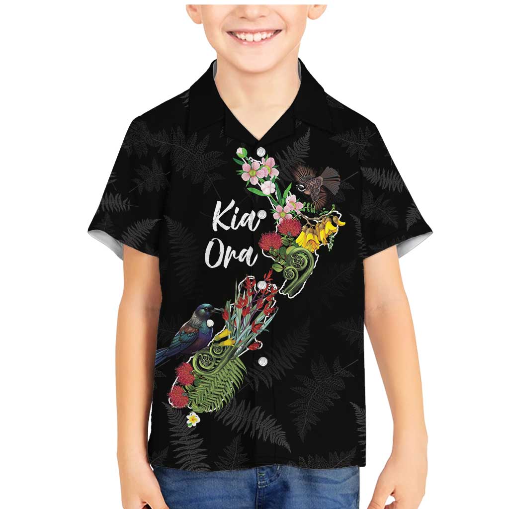 Kia Ora New Zealand Floral Personalized Family Matching Mermaid Dress and Hawaiian Shirt Black - Polynesian Pride