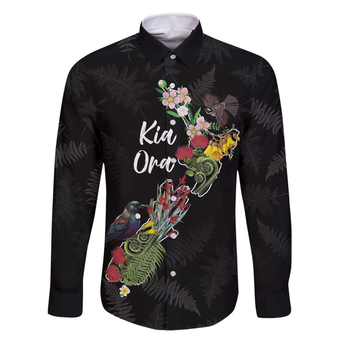 Kia Ora New Zealand Floral Personalized Family Matching Off The Shoulder Long Sleeve Dress and Hawaiian Shirt Black - Polynesian Pride