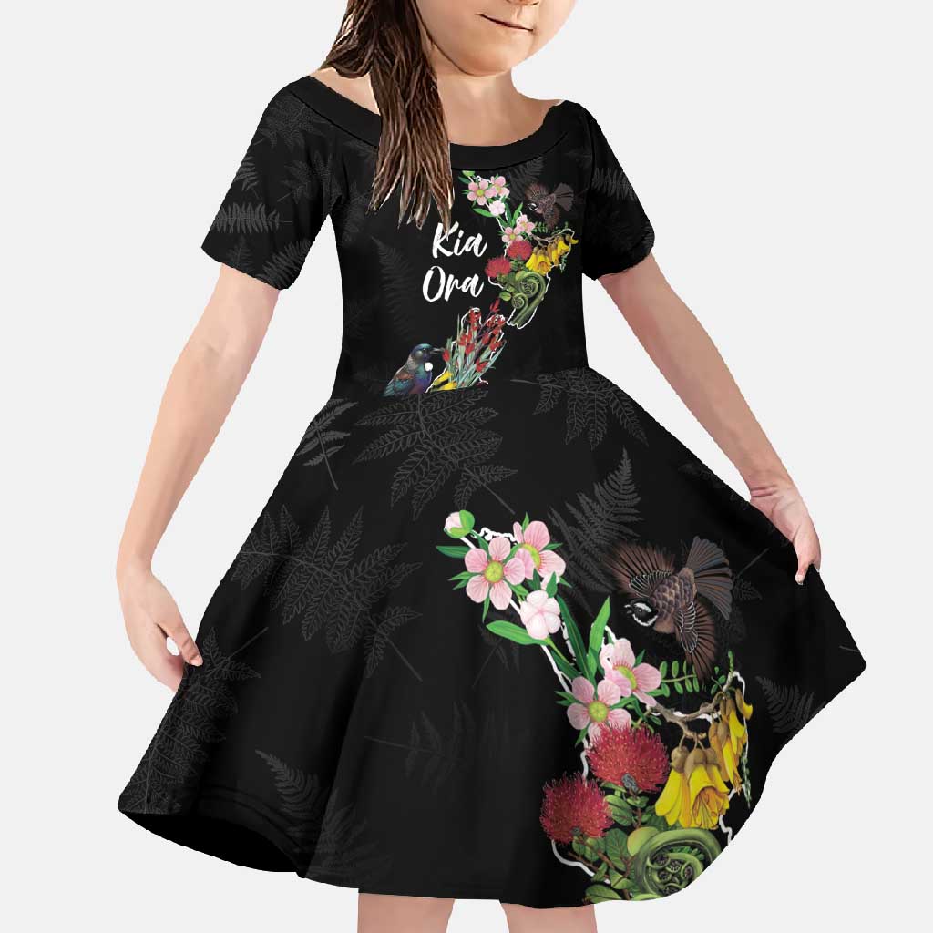 Kia Ora New Zealand Floral Personalized Family Matching Off Shoulder Maxi Dress and Hawaiian Shirt Black - Polynesian Pride