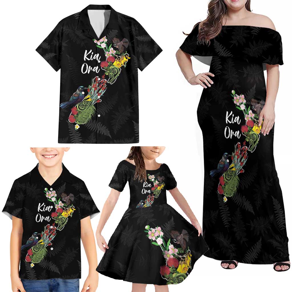 Kia Ora New Zealand Floral Personalized Family Matching Off Shoulder Maxi Dress and Hawaiian Shirt Black - Polynesian Pride
