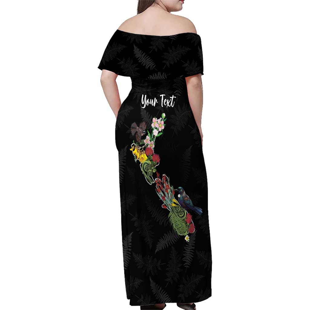 Kia Ora New Zealand Floral Personalized Family Matching Off Shoulder Maxi Dress and Hawaiian Shirt Black - Polynesian Pride