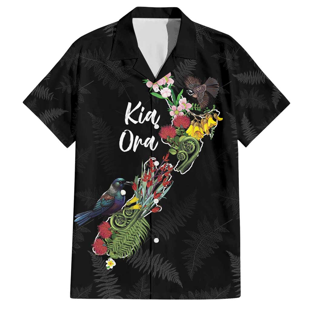 Kia Ora New Zealand Floral Personalized Family Matching Short Sleeve Bodycon Dress and Hawaiian Shirt Black - Polynesian Pride