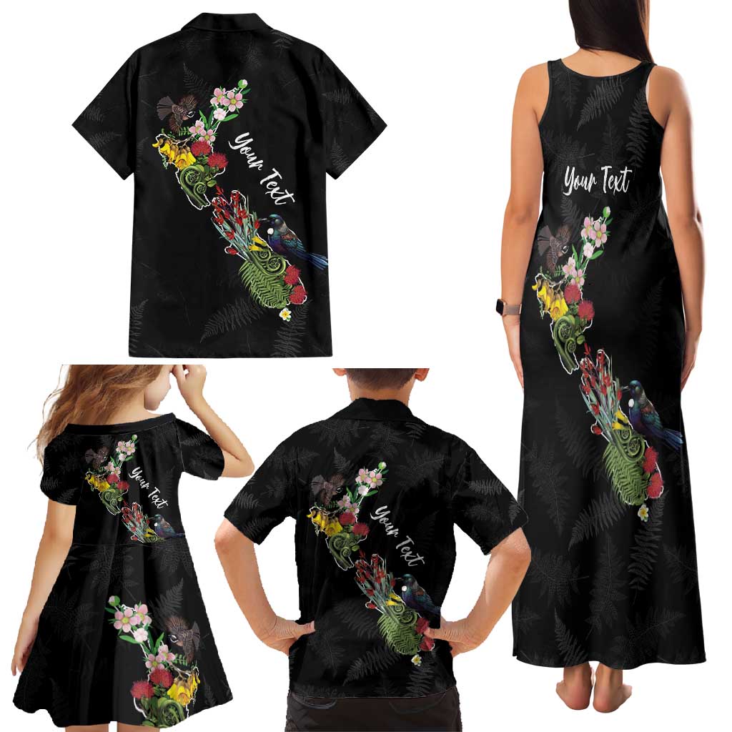 Kia Ora New Zealand Floral Personalized Family Matching Tank Maxi Dress and Hawaiian Shirt Black - Polynesian Pride
