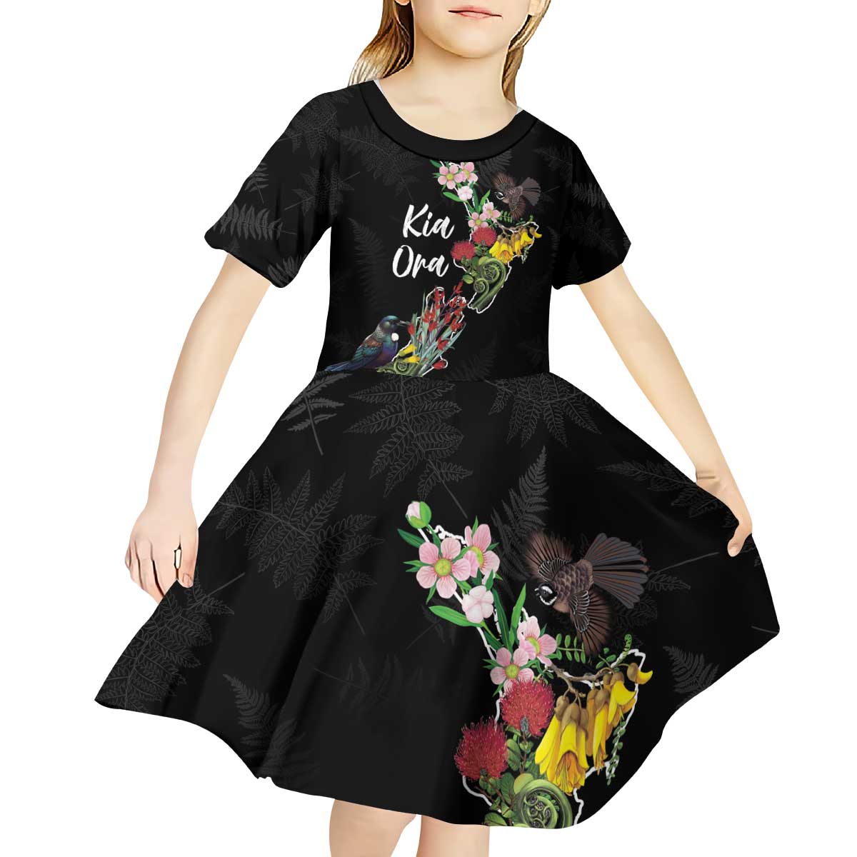 Kia Ora New Zealand Floral Personalized Kid Short Sleeve Dress Black - Polynesian Pride