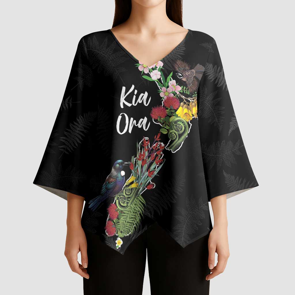 Kia Ora New Zealand Floral Personalized Kimono Sleeve Blouse Black - Polynesian Pride