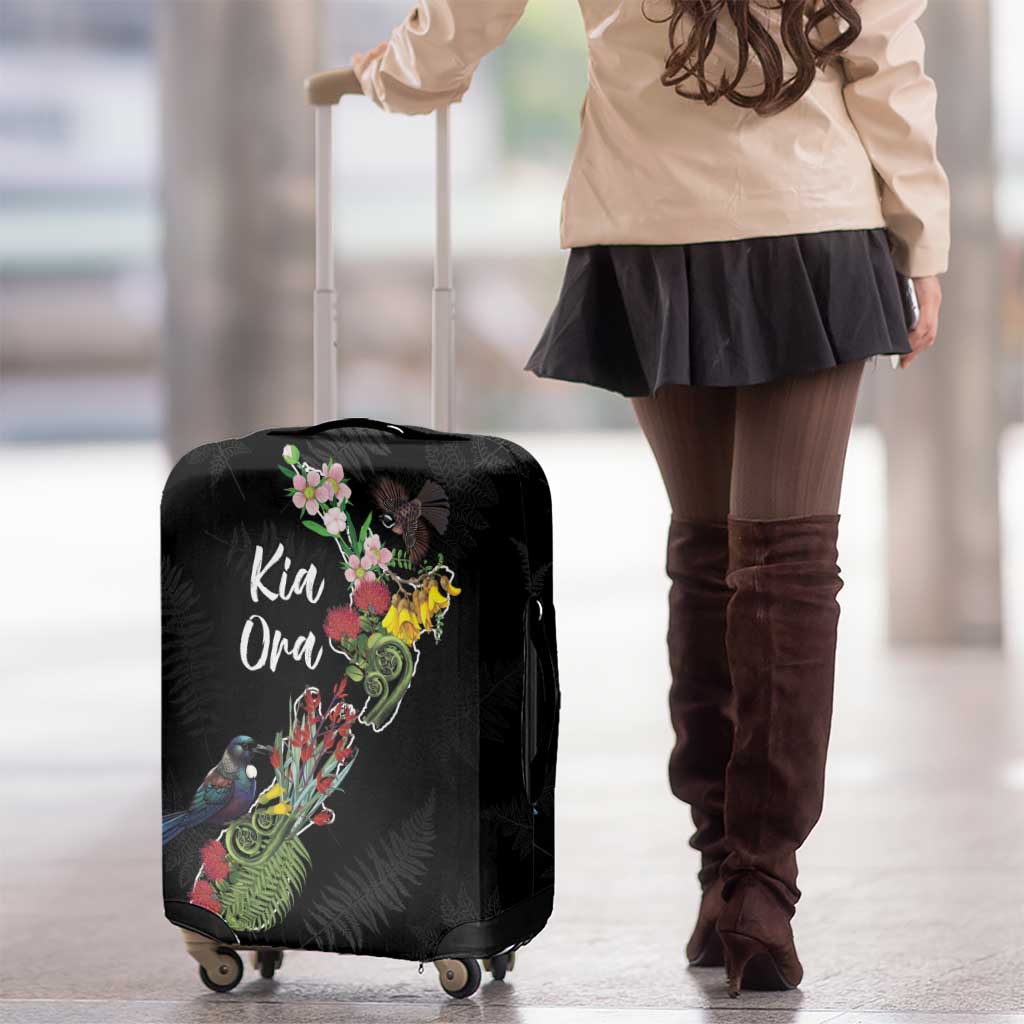Kia Ora New Zealand Floral Luggage Cover Black - Polynesian Pride
