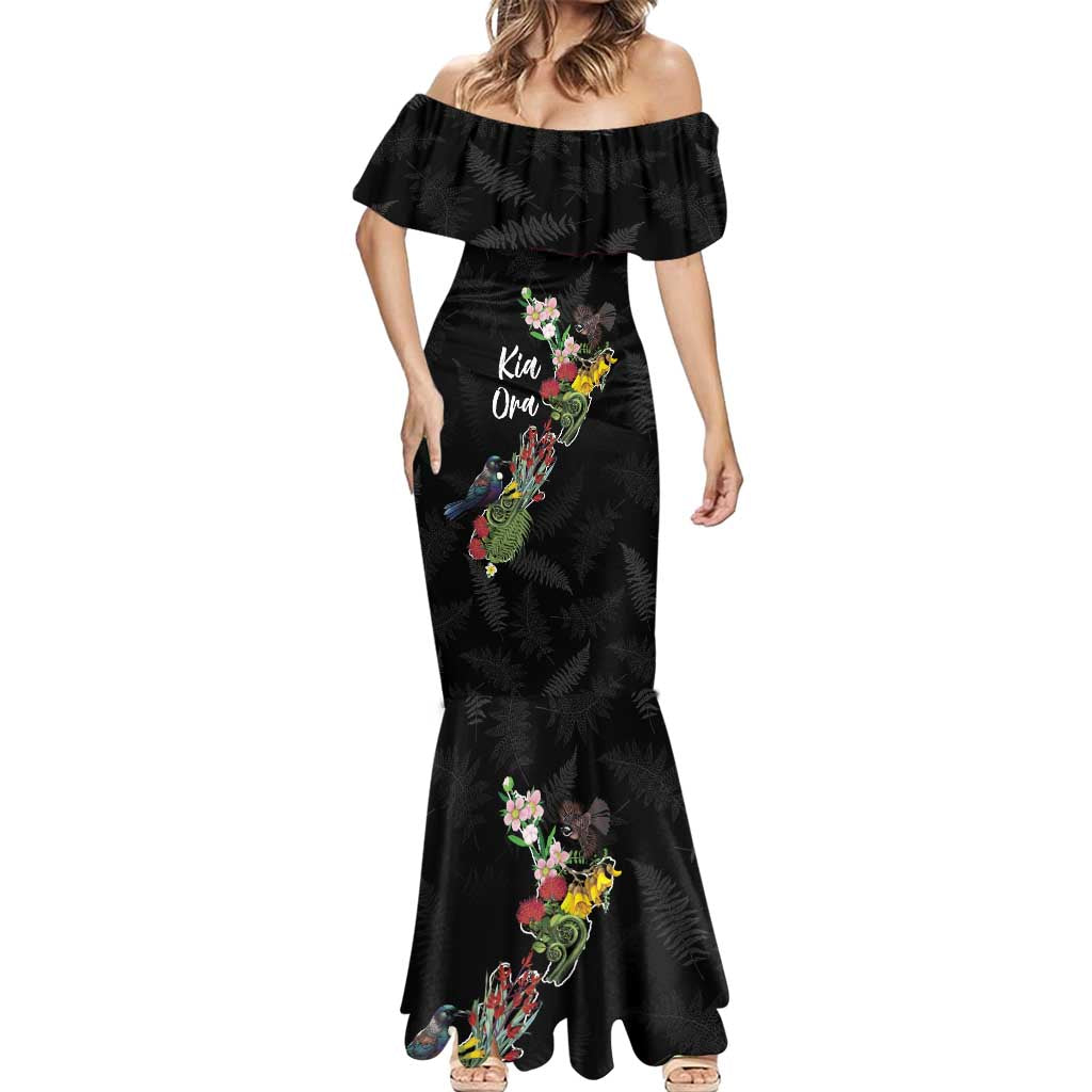 Kia Ora New Zealand Floral Personalized Mermaid Dress Black - Polynesian Pride