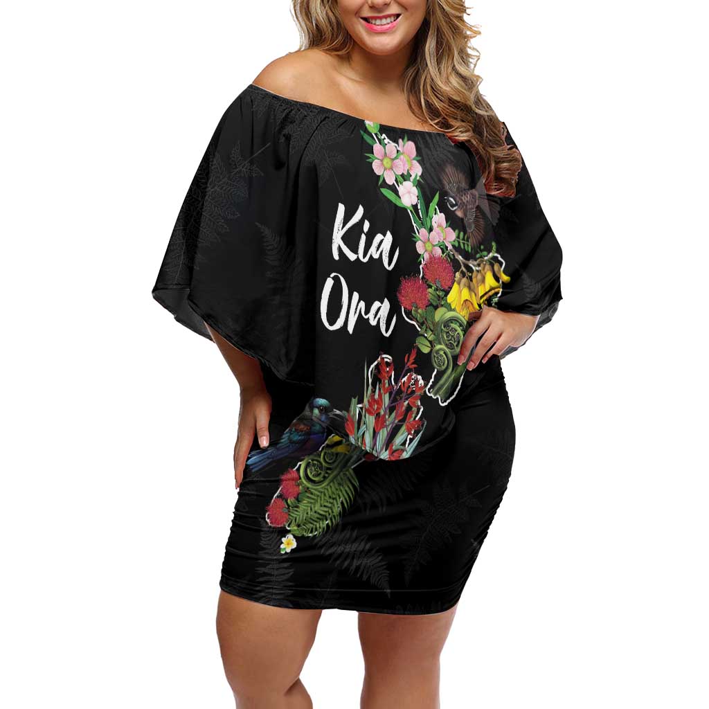 Kia Ora New Zealand Floral Personalized Off Shoulder Short Dress Black - Polynesian Pride
