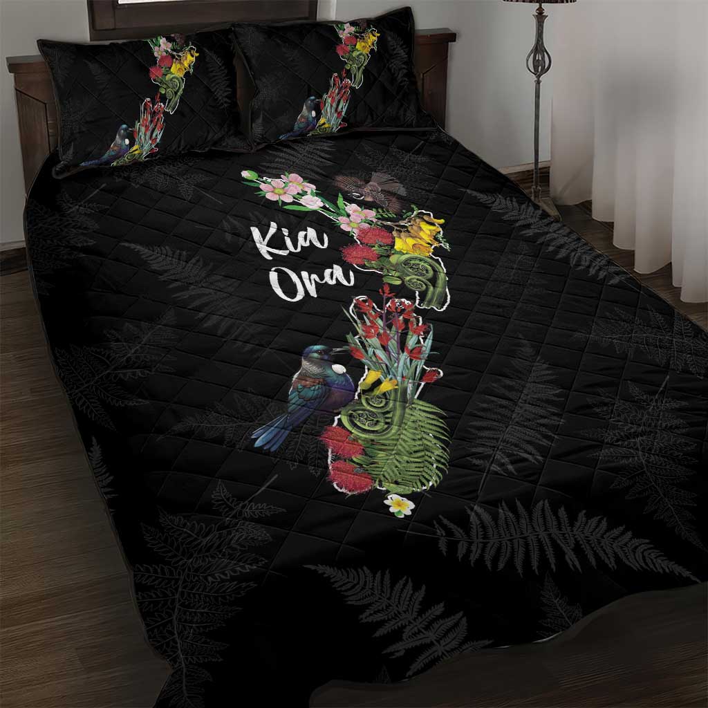Kia Ora New Zealand Floral Quilt Bed Set Black - Polynesian Pride