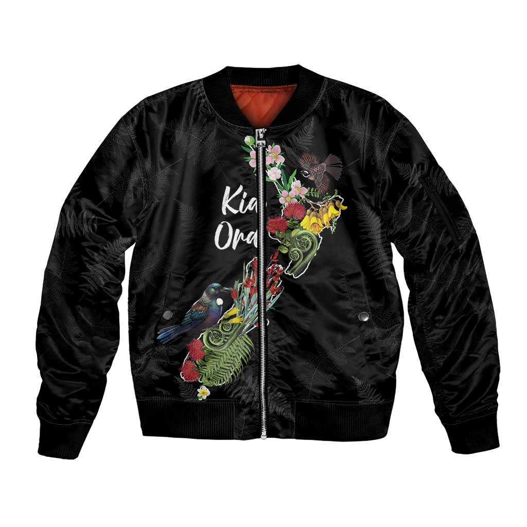 Kia Ora New Zealand Floral Personalized Sleeve Zip Bomber Jacket Black - Polynesian Pride