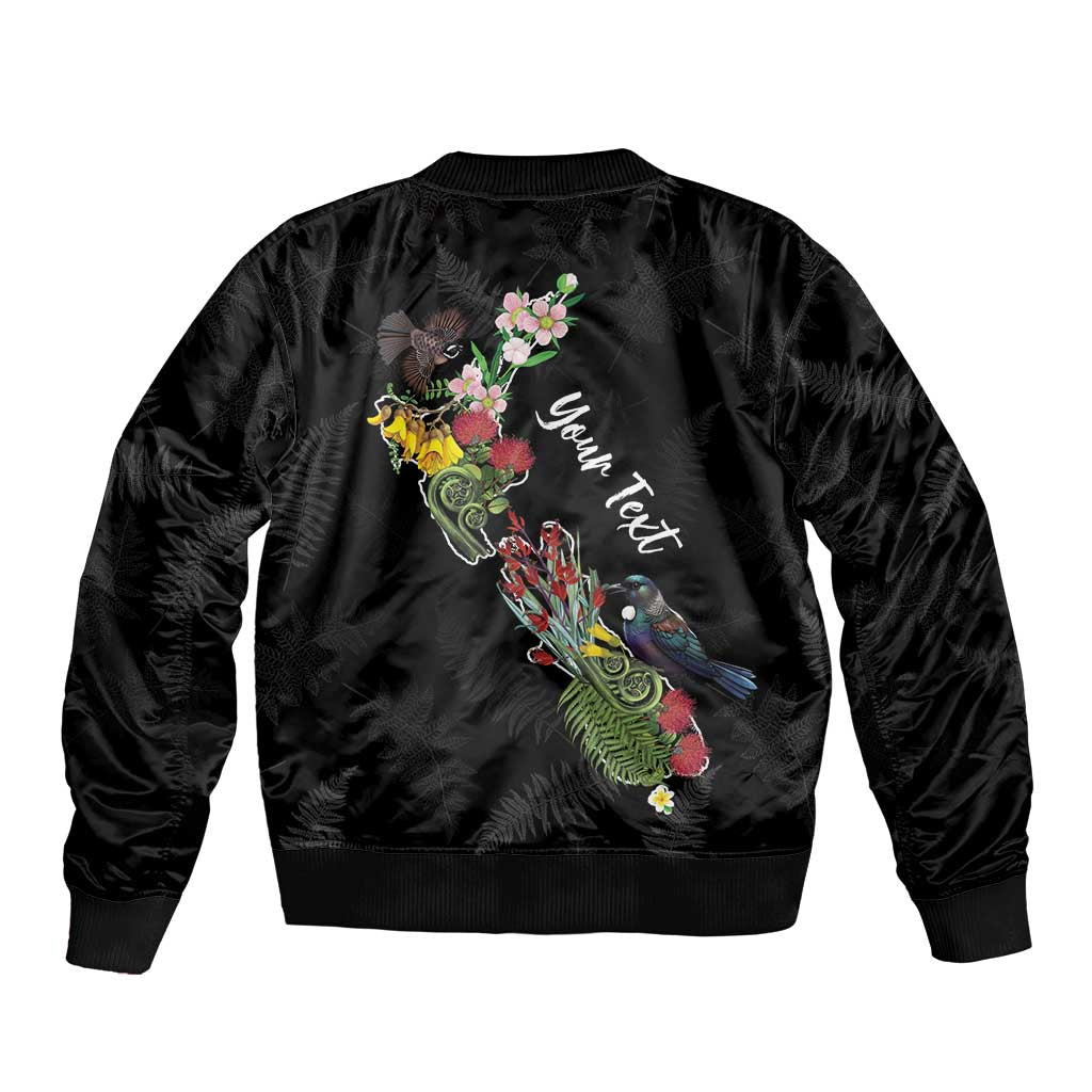 Kia Ora New Zealand Floral Personalized Sleeve Zip Bomber Jacket Black - Polynesian Pride