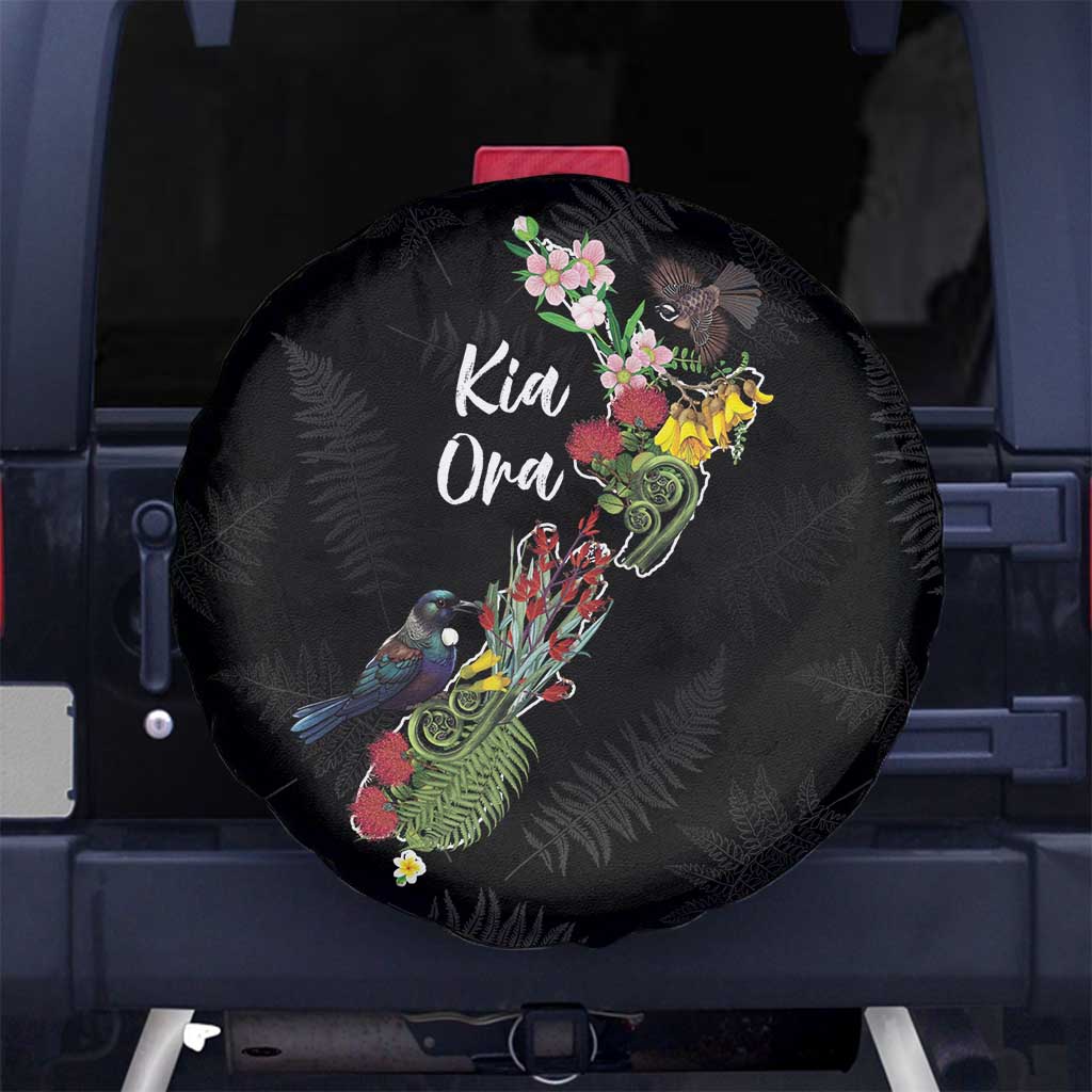 Kia Ora New Zealand Floral Spare Tire Cover Black - Polynesian Pride