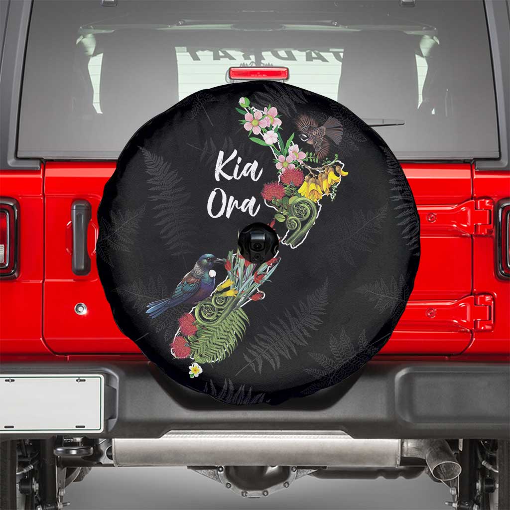 Kia Ora New Zealand Floral Spare Tire Cover Black - Polynesian Pride