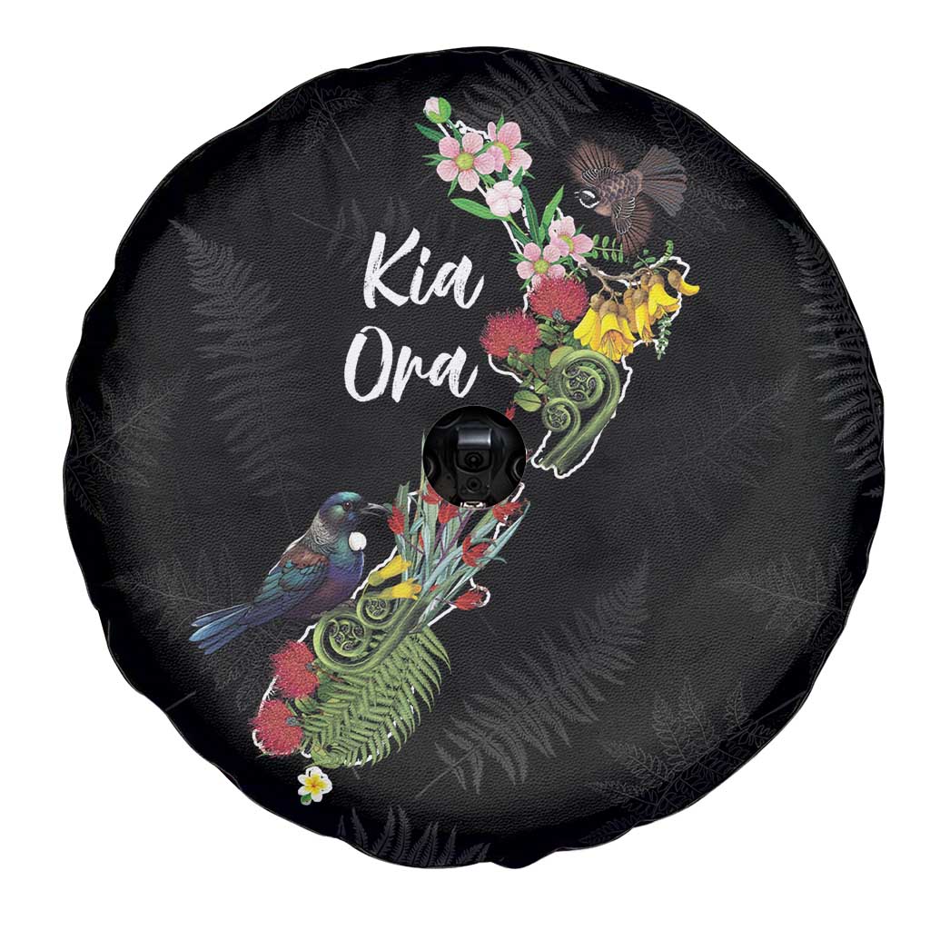 Kia Ora New Zealand Floral Spare Tire Cover Black - Polynesian Pride
