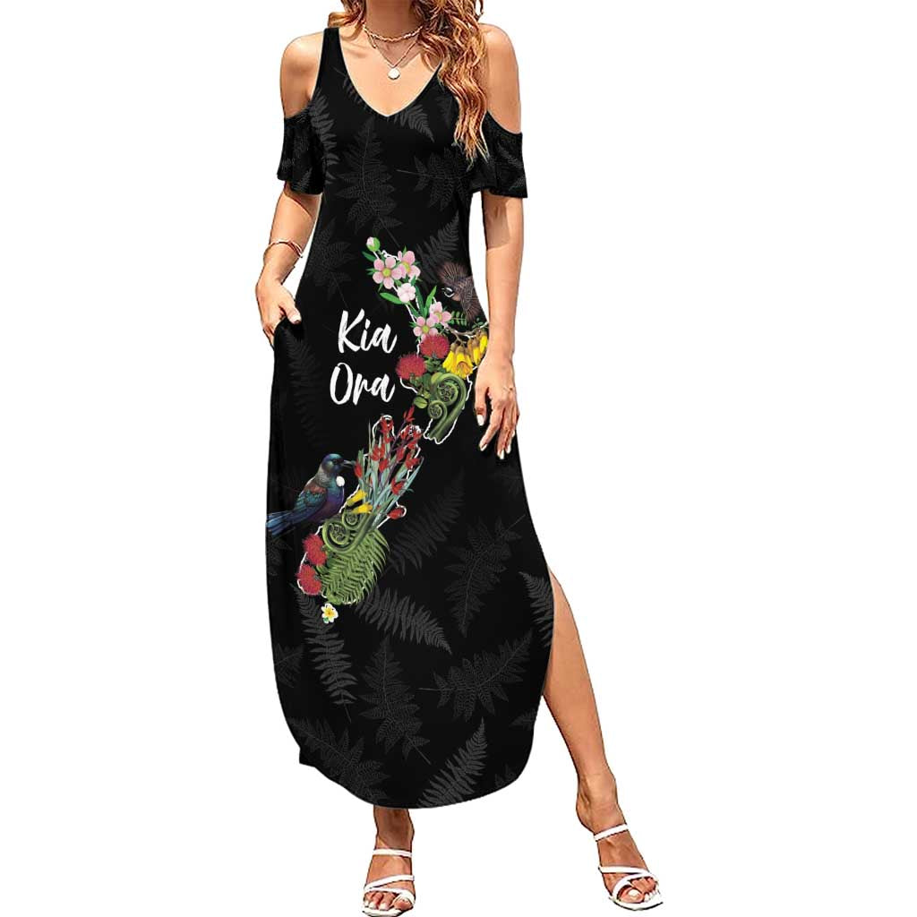 Kia Ora New Zealand Floral Personalized Summer Maxi Dress Black - Polynesian Pride
