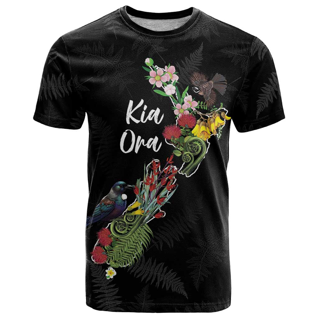 Kia Ora New Zealand Floral Personalized T Shirt Black - Polynesian Pride