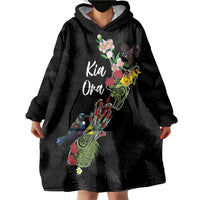 Kia Ora New Zealand Floral Personalized Wearable Blanket Hoodie Black - Polynesian Pride