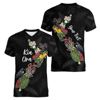 Kia Ora New Zealand Floral Personalized Women V-Neck T-Shirt Black - Polynesian Pride
