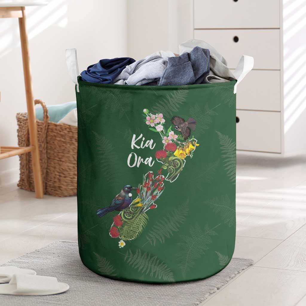 Kia Ora New Zealand Floral Laundry Basket Sage Green - Polynesian Pride