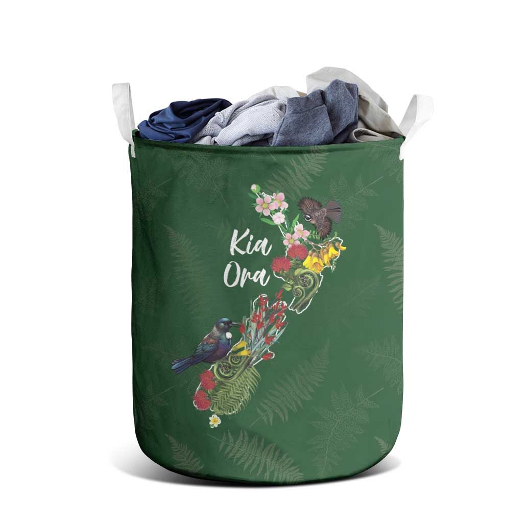 Kia Ora New Zealand Floral Laundry Basket Sage Green - Polynesian Pride