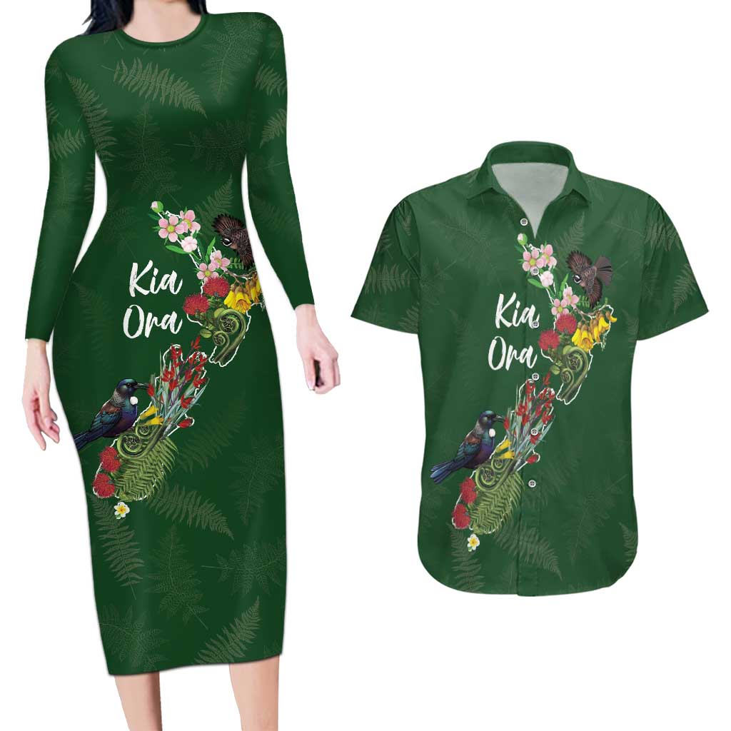 Kia Ora New Zealand Floral Personalized Couples Matching Long Sleeve Bodycon Dress and Hawaiian Shirt Sage Green LT7 Sage Green - Polynesian Pride