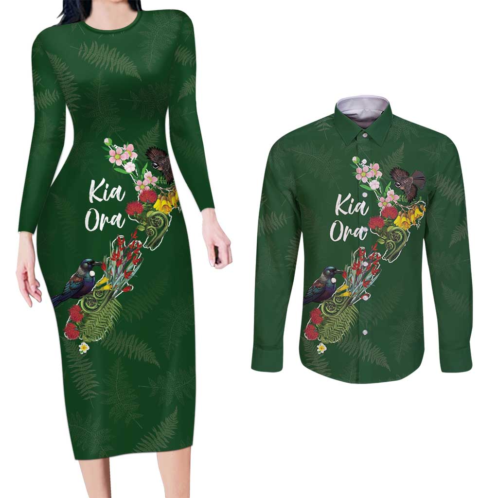 Kia Ora New Zealand Floral Personalized Couples Matching Long Sleeve Bodycon Dress and Long Sleeve Button Shirt Sage Green LT7 Sage Green - Polynesian Pride