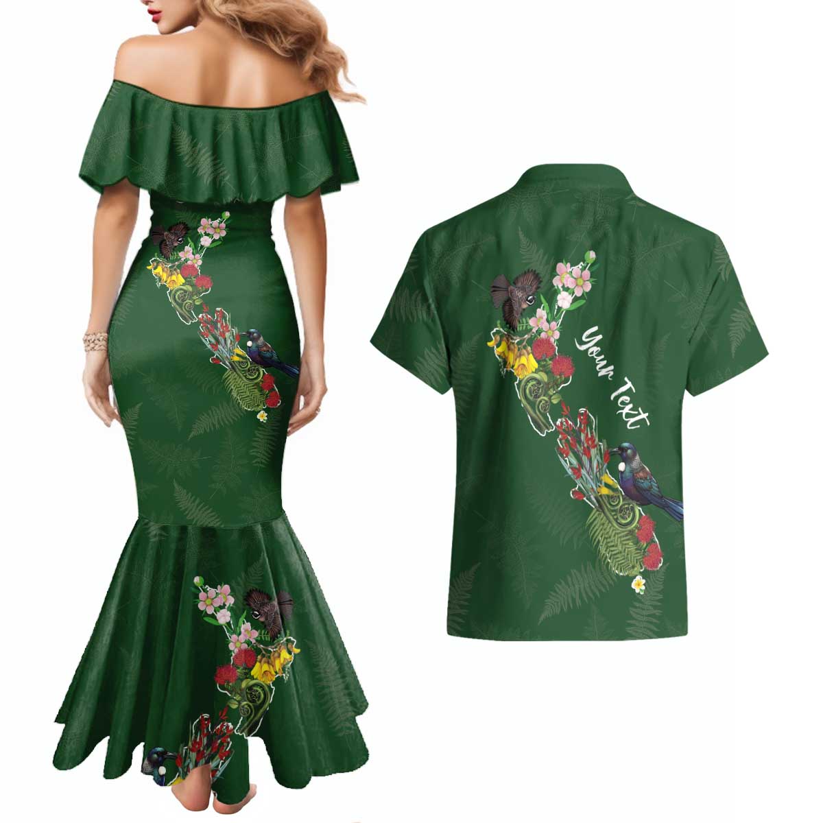 Kia Ora New Zealand Floral Personalized Couples Matching Mermaid Dress and Hawaiian Shirt Sage Green LT7 - Polynesian Pride