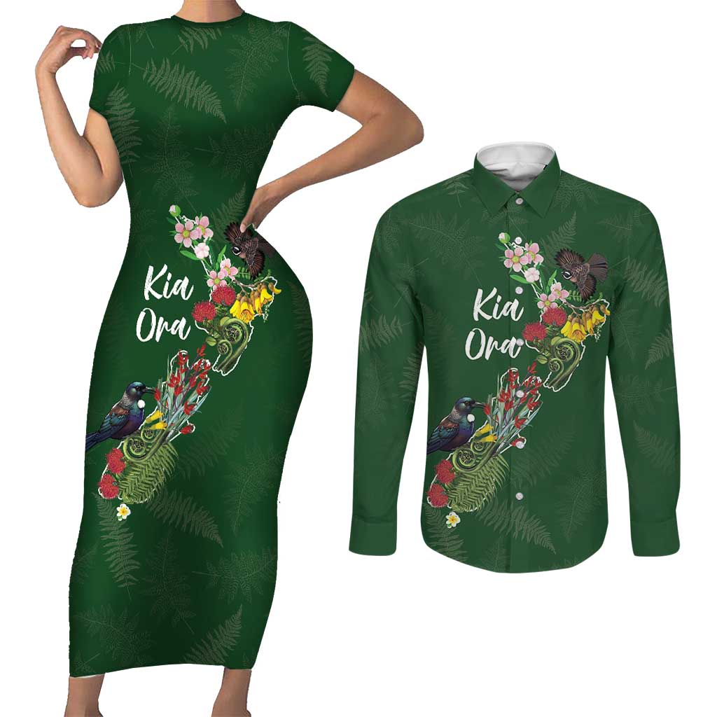 Kia Ora New Zealand Floral Personalized Couples Matching Short Sleeve Bodycon Dress and Long Sleeve Button Shirt Sage Green LT7 Sage Green - Polynesian Pride