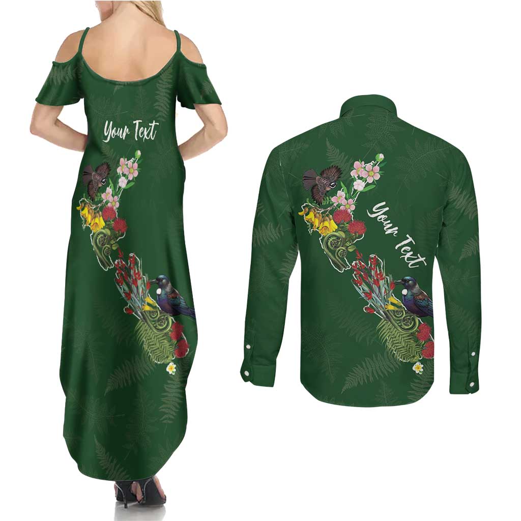 Kia Ora New Zealand Floral Personalized Couples Matching Summer Maxi Dress and Long Sleeve Button Shirt Sage Green - Polynesian Pride