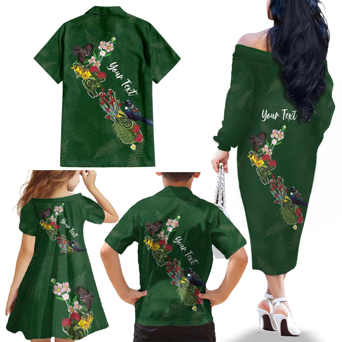 Kia Ora New Zealand Floral Personalized Family Matching Off The Shoulder Long Sleeve Dress and Hawaiian Shirt Sage Green - Polynesian Pride