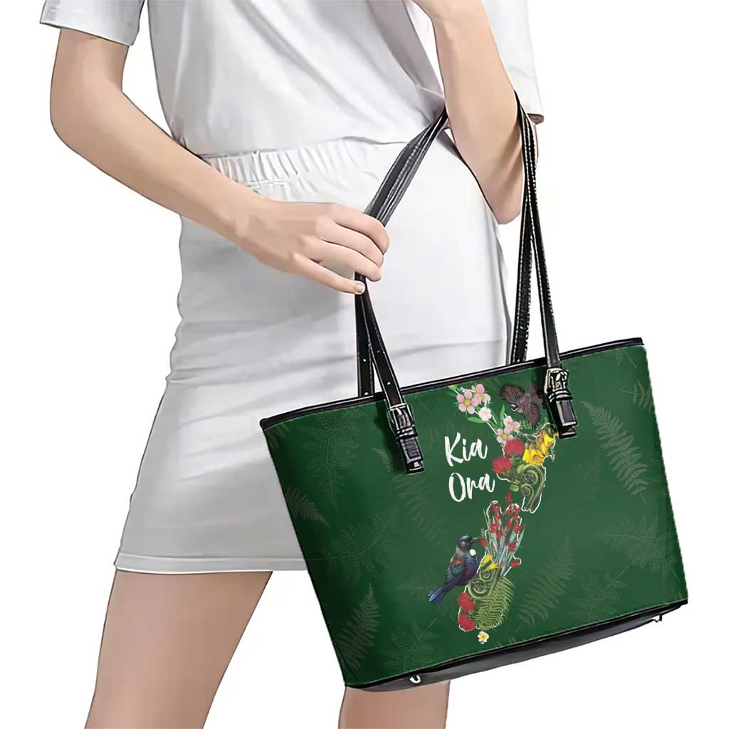 Kia Ora New Zealand Floral Leather Tote Bag Sage Green - Polynesian Pride