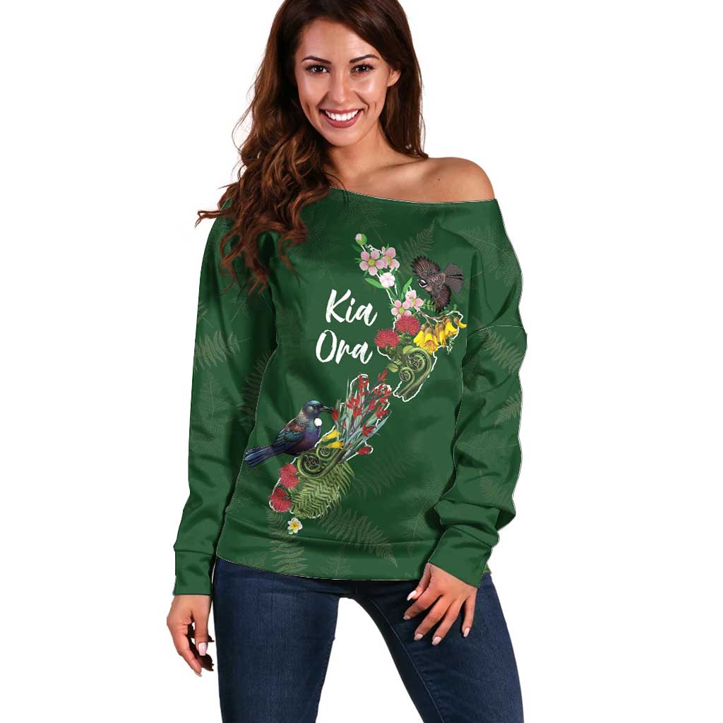 Kia Ora New Zealand Floral Personalized Off Shoulder Sweater Sage Green - Polynesian Pride